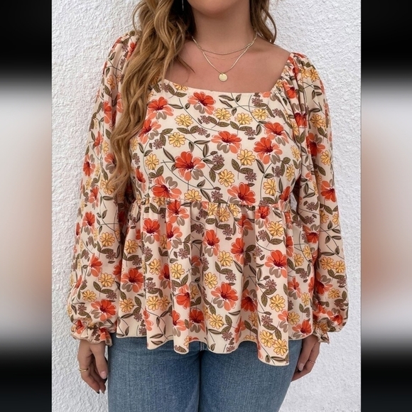 2/$20 SHEIN Curve Plus Floral Print Lantern Sleeve Peplum Hem Blouse Size 1X - Picture 4 of 12